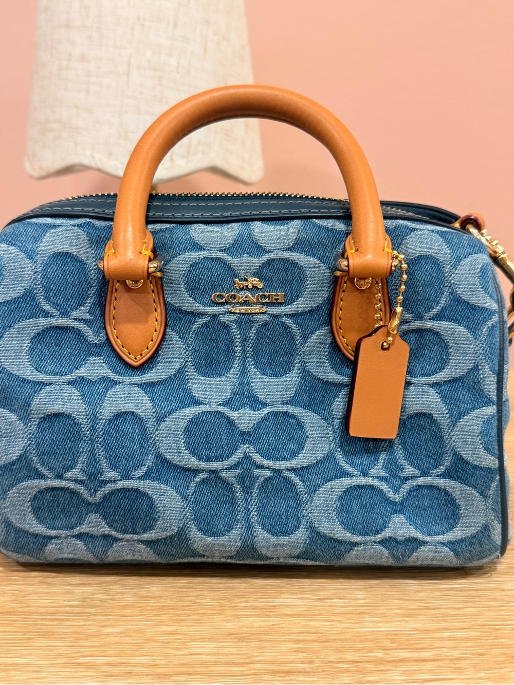 Coach Denim Signature Satchel with Tan Leather Trim